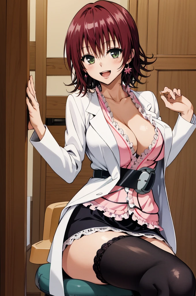 masterpiece, best quality, highres, aaryouko, short hair, cleavage, pink shirt, labcoat, belt, miniskirt, black skirt, black thighhighs, indoors, sitting, chair, smile, open mouth,(((milf))),lace panties