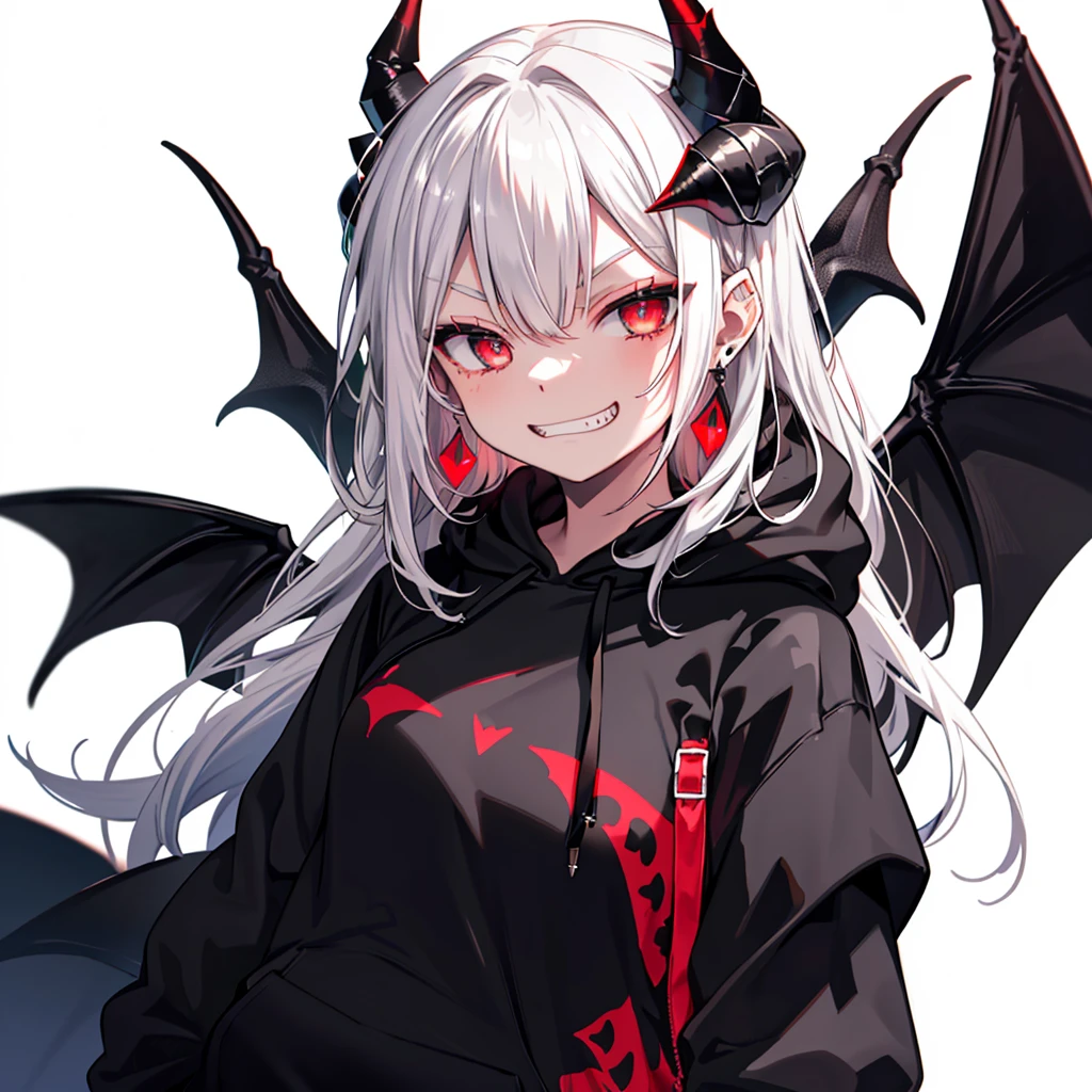 ((((Jagged Open your mouth Grin)))) (((Black hoodie Wearing a hood Demon Horns Crimson Eyes Close-up))) ((Shiny earrings Small black ribbon)) Heart Background Shining Edge Shining Background