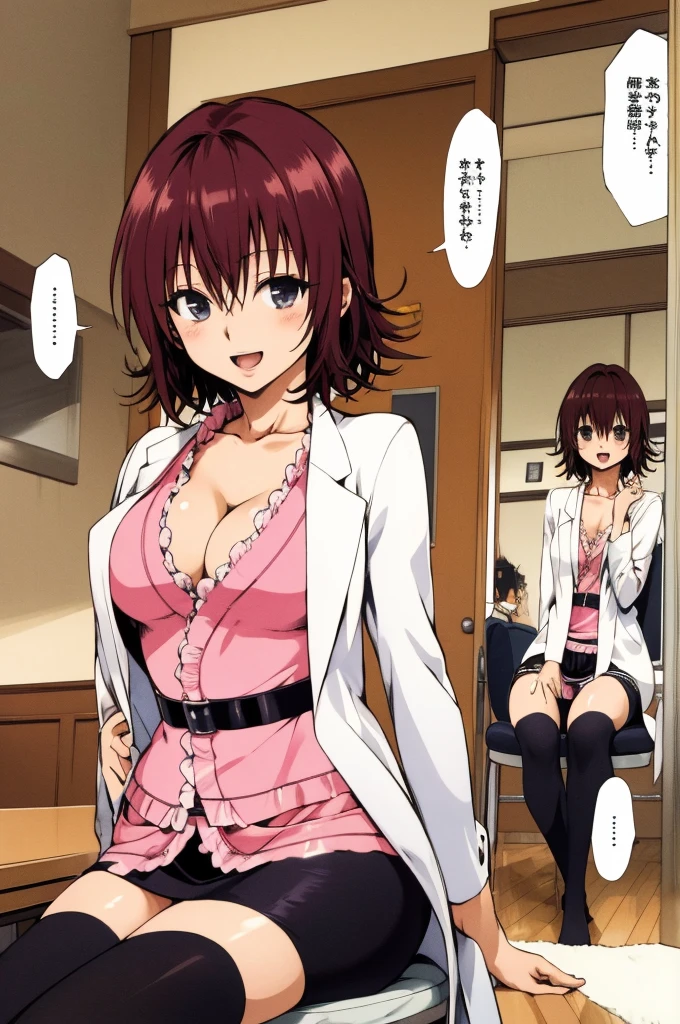 masterpiece, best quality, highres, aaryouko, short hair, cleavage, pink shirt, labcoat, belt, miniskirt, black skirt, black thighhighs, indoors, sitting, chair, smile, open mouth,