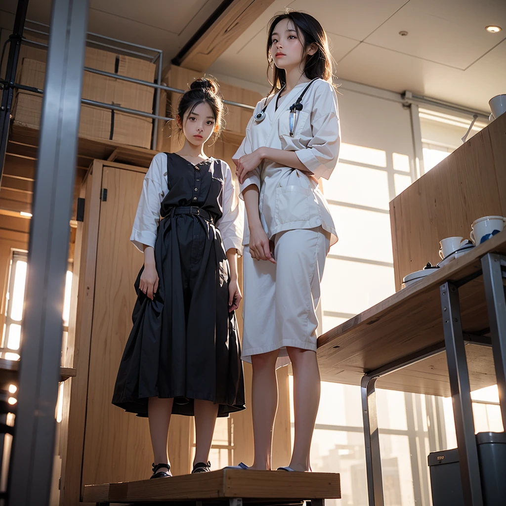 Only one female, (Look down), (From below), (Stand by the patient's bed), Health care workers, (nurse's uniform), Mature Woman, /(Brown Hair/) bangs, A kind smile, (Masterpiece Top quality:1.2) Delicate illustrations, super detailed, Big Break (Hospital room) indoor, (Bright white ceiling:1.2), (view from bed:1.2), Detailed Background