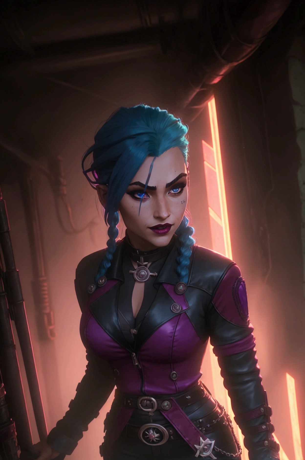 cinematic still image, Jinx League of Legends, dynamic pose, detailed face, bright blue hair, smirking expression, red lips, light blue contact lenses, heavy eye shadow, thick eyeliner, prominent blush, black leather suit, braided belts, metal accents, rivets, armoured plates, shotgun, detailed wooden warehouse, metal decorations, black backpack, red cord, chaotic background neon pink-purple tones, action shot, bright lighting
