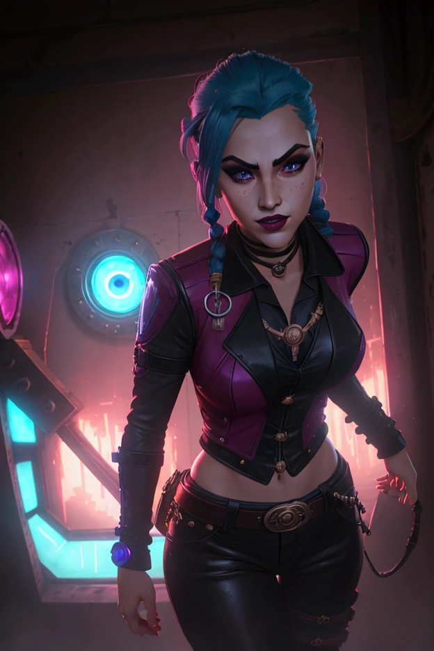 cinematic still image, Jinx League of Legends, dynamic pose, detailed face, bright blue hair, smirking expression, red lips, light blue contact lenses, heavy eye shadow, thick eyeliner, prominent blush, black leather suit, braided belts, metal accents, rivets, armoured plates, shotgun, detailed wooden warehouse, metal decorations, black backpack, red cord, chaotic background neon pink-purple tones, action shot, bright lighting