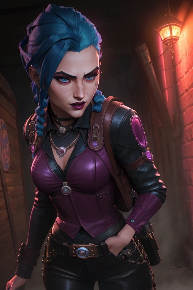 cinematic still image, Jinx League of Legends, dynamic pose, detailed face, bright blue hair, smirking expression, red lips, light blue contact lenses, heavy eye shadow, thick eyeliner, prominent blush, black leather suit, braided belts, metal accents, rivets, armoured plates, shotgun, detailed wooden warehouse, metal decorations, black backpack, red cord, chaotic background neon pink-purple tones, action shot, bright lighting