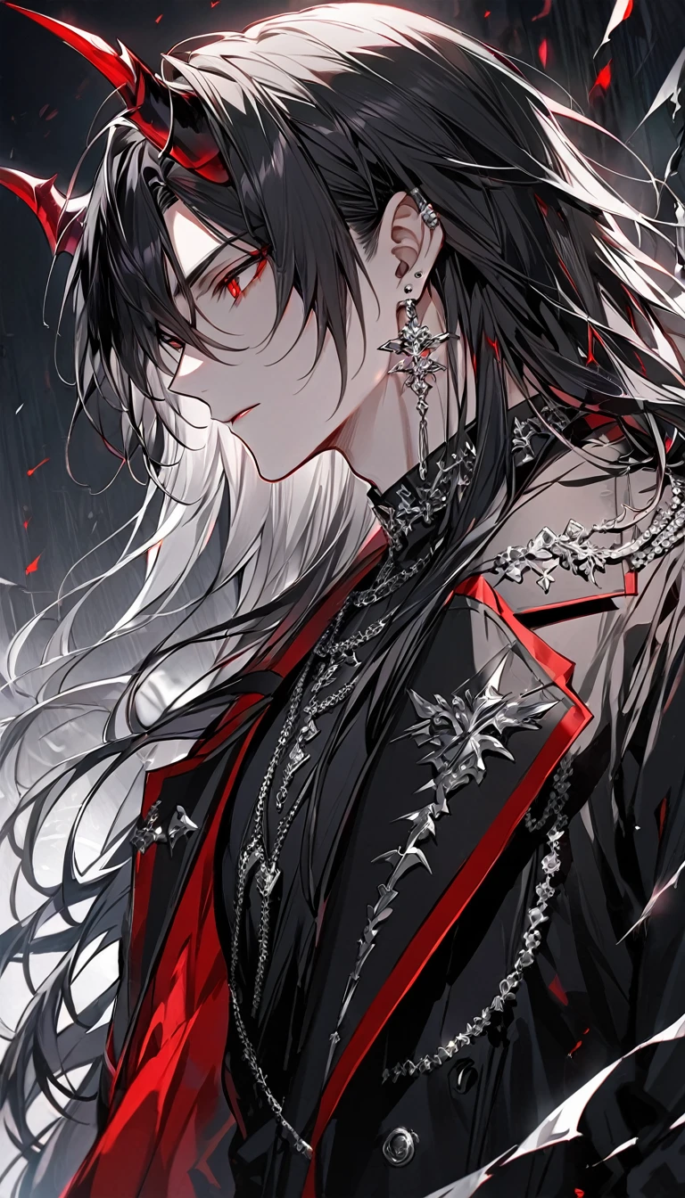 alone, good looking, 1 male, Long hair, Middle parted hair, Black hair, Red eyes, Black shirt, White Thailand, Black Trench Coat, Royal Silver Jewellery, Royal Demon Earrings, Black horns, Side profile, fallen angel