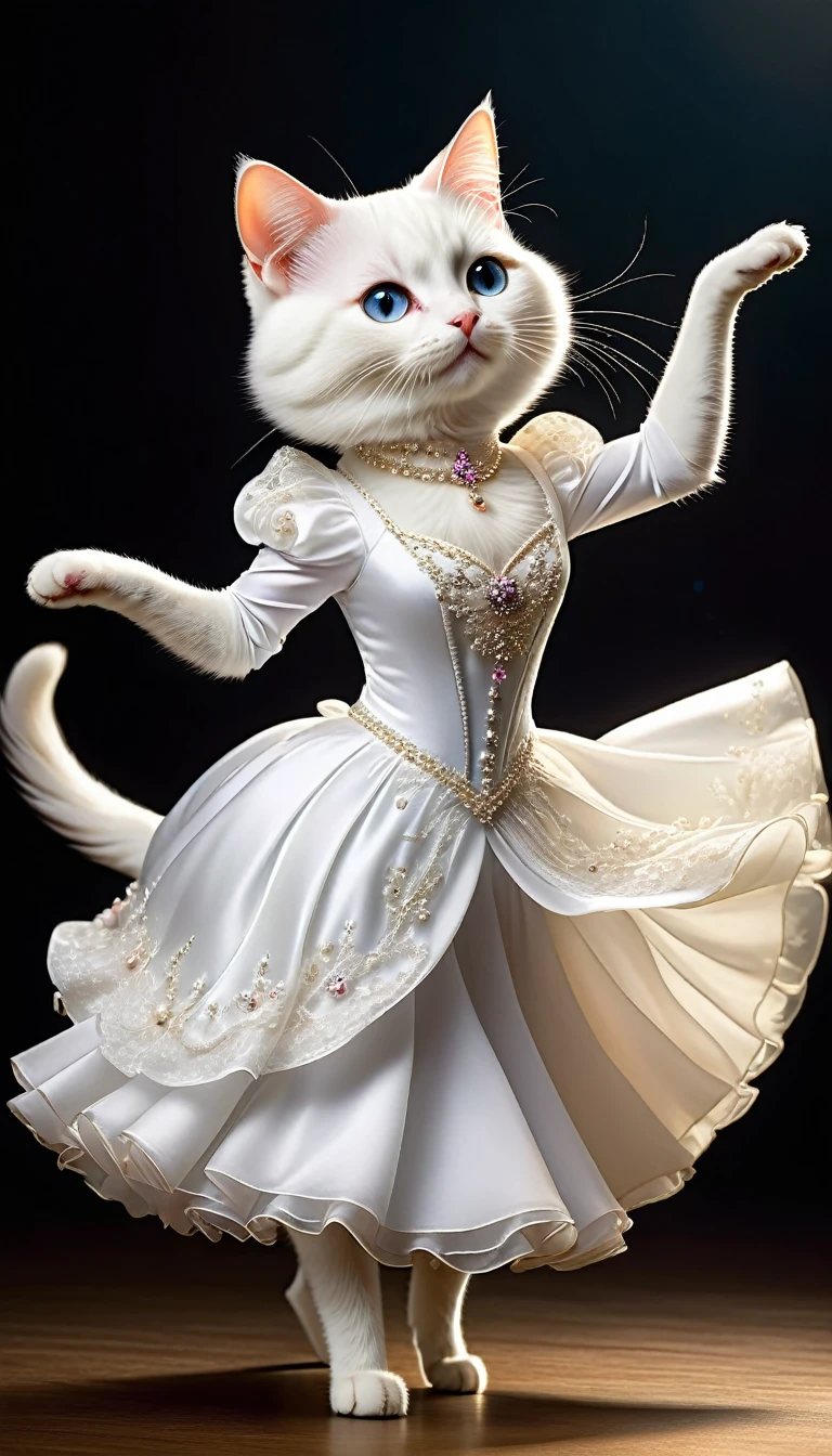 Realistic portrait of a dressed animal - a beautiful white cat, Princess,(Dynamic action poses for ballroom waltz dance), high quality,(Lovely) ,Intricate details, Very detailed ((豪華なPrincessの水色のドレス)) ,Very detailed decorations,, (Happy), Ballroom、Studio Lighting,(Full body image:1.5)