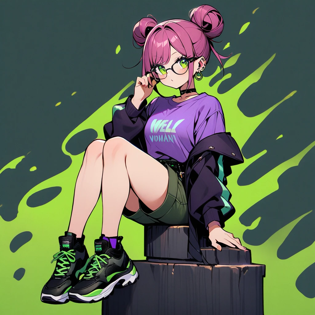 (well done: 1) one woman, dark pink hair with light green tips tied into two large double low buns, green eyes, earrings, glasses, black leather choker, purple t-shirt, dark green shorts, black sneakers