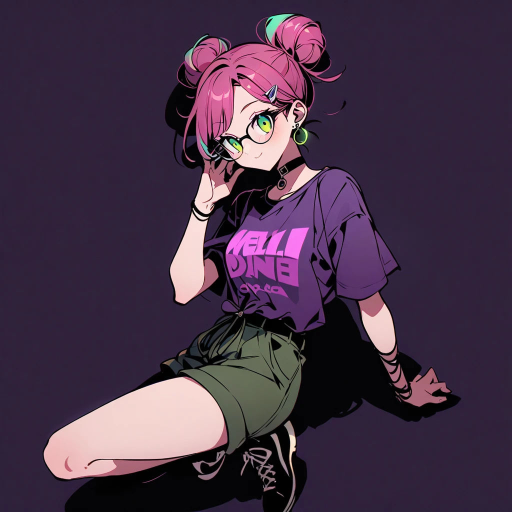 (well done: 1) one woman, dark pink hair with light green tips tied into two large double low buns, green eyes, earrings, glasses, black leather choker, purple t-shirt, dark green shorts, black sneakers