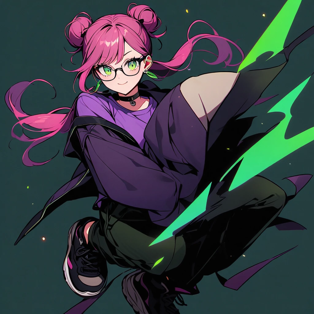 (well done: 1) one woman, dark pink hair with light green tips tied into two large double low buns, green eyes, earrings, glasses, black leather choker, purple t-shirt, dark green shorts, black sneakers