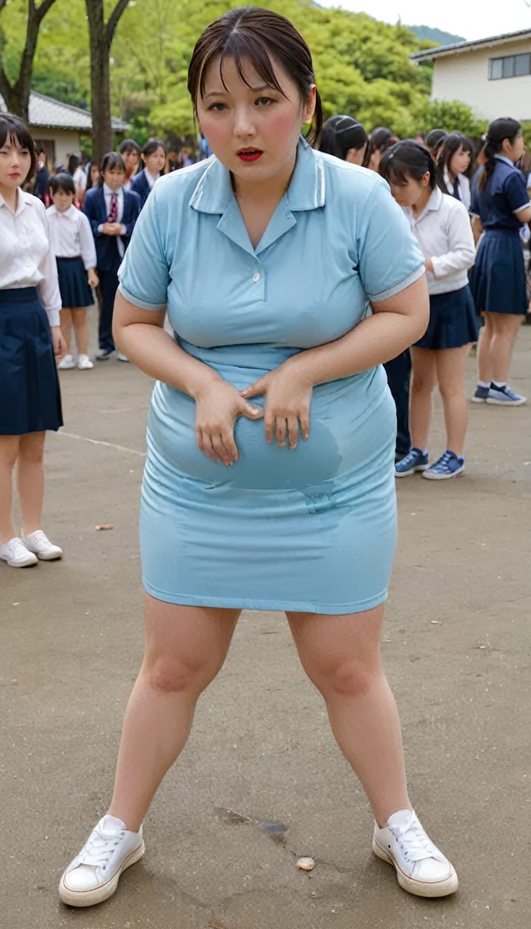 1woman,2kids,fullbody,(masterpiece:1.5),photo-realistic,16k,(beautiful 40s japanese plump lady:1.4),(crowded school yard:1.6),(buruma:1.5),(sneakers:1.5),(handing on wetting crotch with both hands:1.6),(whimpering:1.6),(panicking:1.6),(crying:1.6),(wetting:1.7),(dripping pee:1.4),brown straight medium hair,black eyes,makeup,lipstick,eyeliner,mascara,eyeshadow