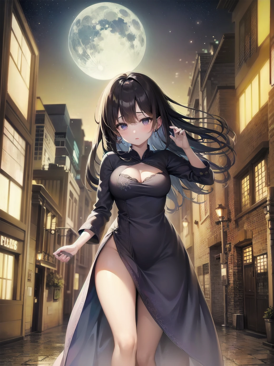 masterpiece, 8k, Highest quality, Very detailed, Purple & A beautiful girl in a blue magical robe with a moon motif、Close-up on the characters、(building, city、A dense fog of fluorescent particles、1800Era、Western style、Fiction、grow、Overwhelming、Detailed street)、A pretty woman with a beautiful background and a lovely pose