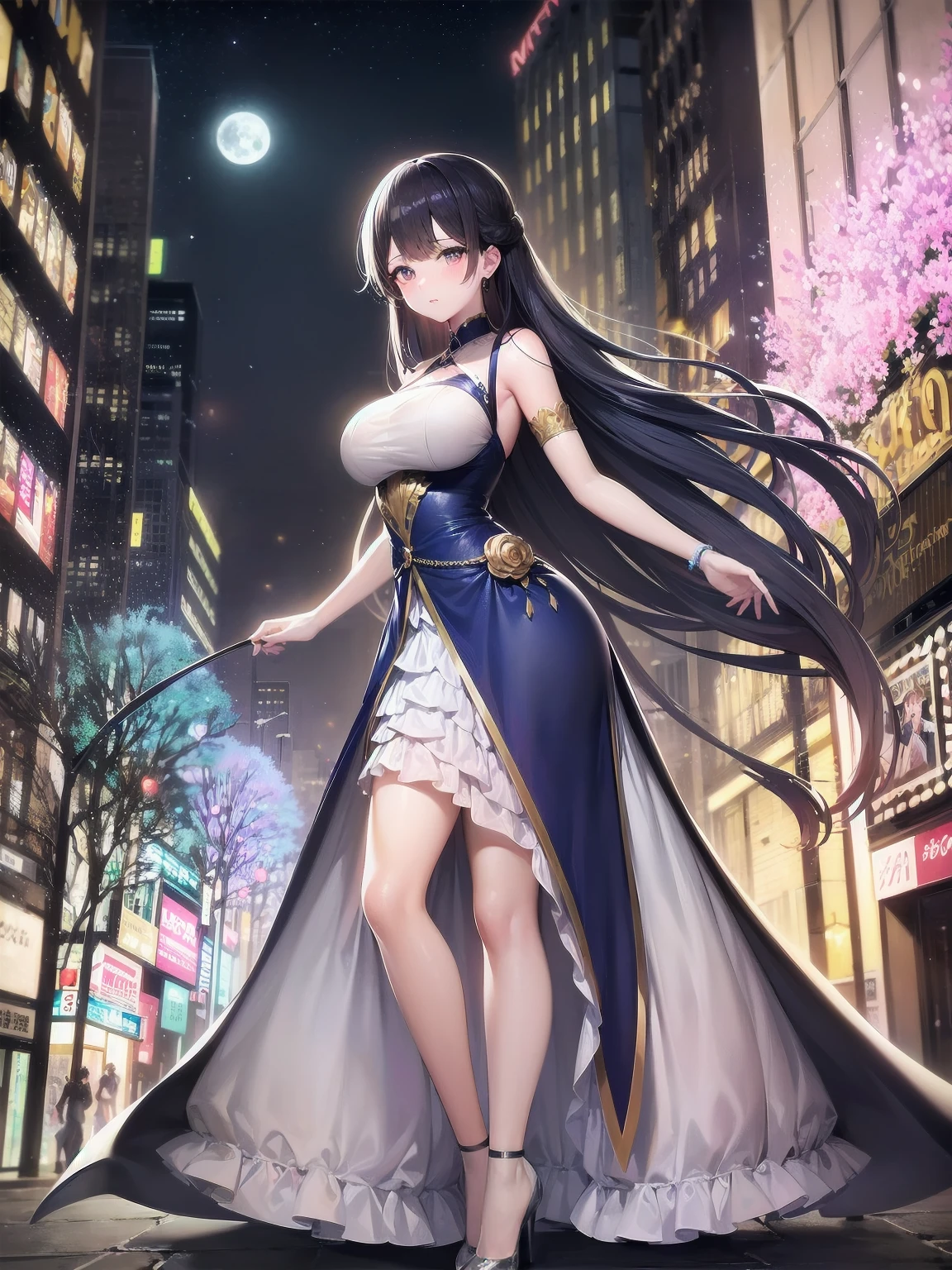 masterpiece, 8k, Highest quality, Very detailed, Purple & A beautiful girl in a blue magical robe with a moon motif、Close-up on the characters、(building, city、A dense fog of fluorescent particles、１８００Era、Western style、Fiction、grow、Overwhelming、Detailed street）、A pretty woman with a beautiful background and a lovely pose
