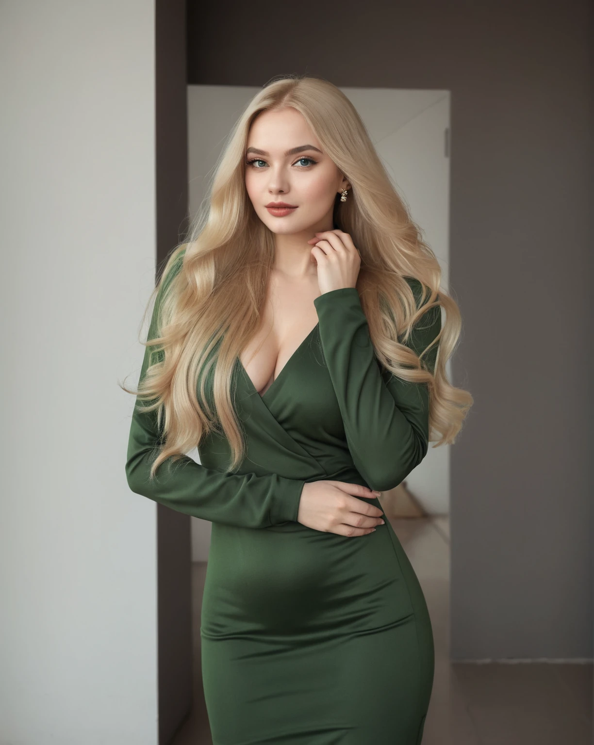 A woman in a green dress posing for a photo, with long blonde hair, Anna Nikonova aka Newmilky, Anastasia Ovchinnikova, Angelina Stroganova, tight dress, Yelena Belova, al estilo de kyrill kotashev, a beautiful blonde, Style of Julia Razumova, Aleksandra Waliszewska