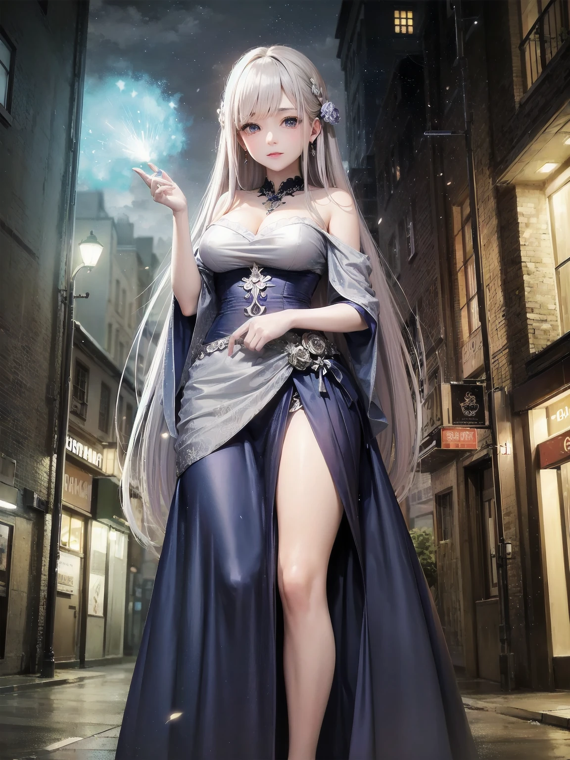 masterpiece, 8k, Highest quality, Very detailed, Purple & A beautiful girl in a blue magical robe with a moon motif、Close-up on the characters、(building, city、A dense fog of fluorescent particles、1800Era、Western style、Fiction、grow、Overwhelming、Detailed street)、A pretty woman with a beautiful background and a lovely pose