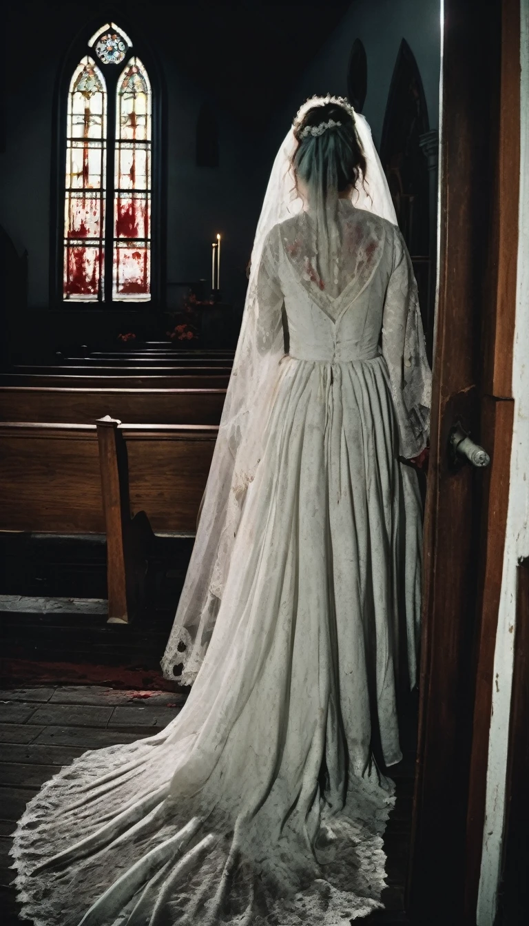 A ghost bride from the 60s with a bloody ax in her hands with her back looking back out of the corner of her eye in a church scene from a horror film, poster At night 