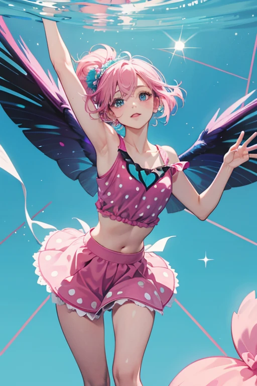 Angel has dark brown skin, sports the pink 'victory roll' hairstyle, has navy blue eyes with heart-shaped catch-lights, watermelon-pink lips, and a tiny red heart by her right eye. She has white-rimmed heart-shaped sunglasses which are tinted pink. She has silver angel-like wings. Her outfit consists of a white pullover with a metallic pink corset-like design, metallic pink short-shorts, white printed fishnet tights, and silver converse-like trainers. SPARKLE; GLITTER
