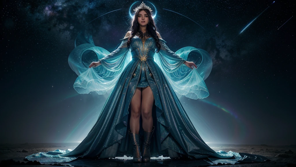 In a realm where galaxies collide and celestial clouds swirl, the ethereal enchantress Grace holds dominion. Her divine visage, framed by a halo of shimmering starlight tresses, radiates with the brilliance of a thousand cosmic furnaces. Grace's hair, woven from the very dust of shattered nebulae, flows weightlessly around her.
Eyes that gleam like the hearts of ancient stars gaze out at the universe, reflecting both wisdom and power. The enchantress is adorned in a majestic, floor-length gown crafted from the shimmering auroras of newly birthed worlds. The dress, with its high neckline and long sleeves, envelops her form completely, its fabric rippling like the whorls of distant galaxies.
A celestial cloak, embroidered with constellations, drapes over her shoulders and cascades down her back. As she moves, the cloak shimmers and shifts, mirroring the dance of solar flares. Her feet are clad in boots that seem forged from stardust and meteorite.
Fully clothed in her regal attire, Grace stands as the epitome of cosmic elegance. With each graceful movement, stardust swirls in her wake, crowning her as the sovereign of the celestial spheres. Her presence commands reverence, embodying the awe-inspiring beauty and mystery of the universe itself. Close up portrait view.