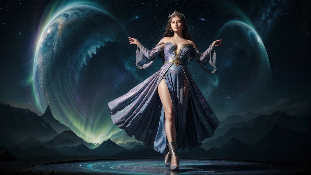 In a realm where galaxies collide and celestial clouds swirl, the ethereal enchantress Grace holds dominion. Her divine visage, framed by a halo of shimmering starlight tresses, radiates with the brilliance of a thousand cosmic furnaces. Grace's hair, woven from the very dust of shattered nebulae, flows weightlessly around her.
Eyes that gleam like the hearts of ancient stars gaze out at the universe, reflecting both wisdom and power. The enchantress is adorned in a majestic, floor-length gown crafted from the shimmering auroras of newly birthed worlds. The dress, with its high neckline and long sleeves, envelops her form completely, its fabric rippling like the whorls of distant galaxies.
A celestial cloak, embroidered with constellations, drapes over her shoulders and cascades down her back. As she moves, the cloak shimmers and shifts, mirroring the dance of solar flares. Her feet are clad in boots that seem forged from stardust and meteorite.
Fully clothed in her regal attire, Grace stands as the epitome of cosmic elegance. With each graceful movement, stardust swirls in her wake, crowning her as the sovereign of the celestial spheres. Her presence commands reverence, embodying the awe-inspiring beauty and mystery of the universe itself. Close up portrait view.