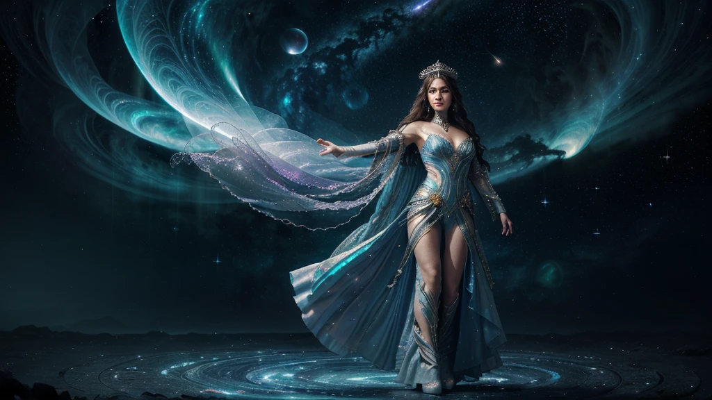 In a realm where galaxies collide and celestial clouds swirl, the ethereal enchantress Grace holds dominion. Her divine visage, framed by a halo of shimmering starlight tresses, radiates with the brilliance of a thousand cosmic furnaces. Grace's hair, woven from the very dust of shattered nebulae, flows weightlessly around her.
Eyes that gleam like the hearts of ancient stars gaze out at the universe, reflecting both wisdom and power. The enchantress is adorned in a majestic, floor-length gown crafted from the shimmering auroras of newly birthed worlds. The dress, with its high neckline and long sleeves, envelops her form completely, its fabric rippling like the whorls of distant galaxies.
A celestial cloak, embroidered with constellations, drapes over her shoulders and cascades down her back. As she moves, the cloak shimmers and shifts, mirroring the dance of solar flares. Her feet are clad in boots that seem forged from stardust and meteorite.
Fully clothed in her regal attire, Grace stands as the epitome of cosmic elegance. With each graceful movement, stardust swirls in her wake, crowning her as the sovereign of the celestial spheres. Her presence commands reverence, embodying the awe-inspiring beauty and mystery of the universe itself.