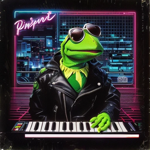 a close up of a person wearing sunglasses and a jacket, muppet punk, kermit the frog, cyberpunk frog, portrait of kermit the frog, kermit, portrait of pepe the frog, pepe frog, super rich happy pepe, pepe, synthwave image, pepe the frog, official artwork, muppets, kermit the frog as thanos, muppet, kermit the frog as darth vader