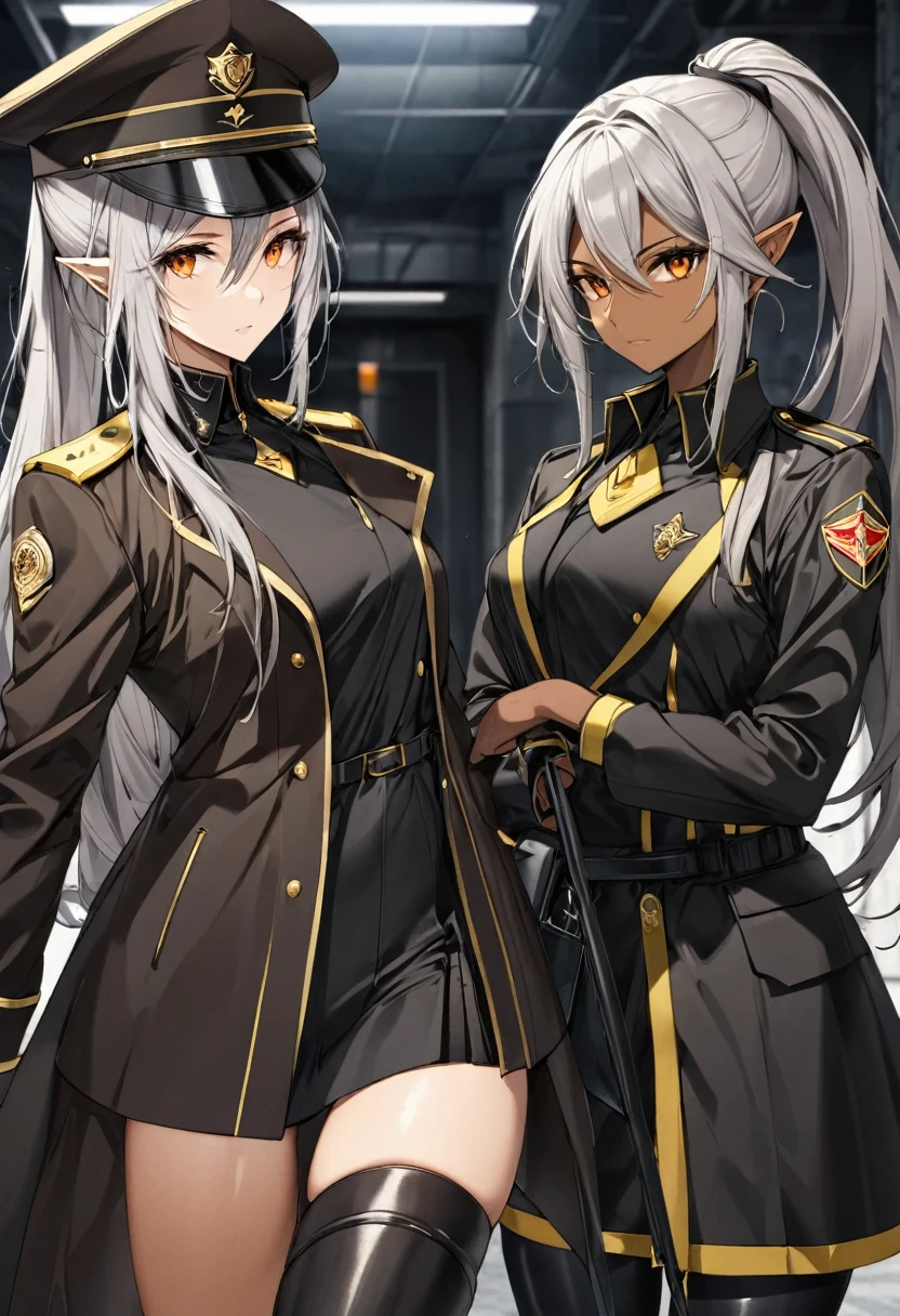 orange eyes,,((brown skin,dark elf,))grey hair,1lady,high ponytail, gold and black coat,jewelry,gold and black uniform,military hat,thigh boots,
