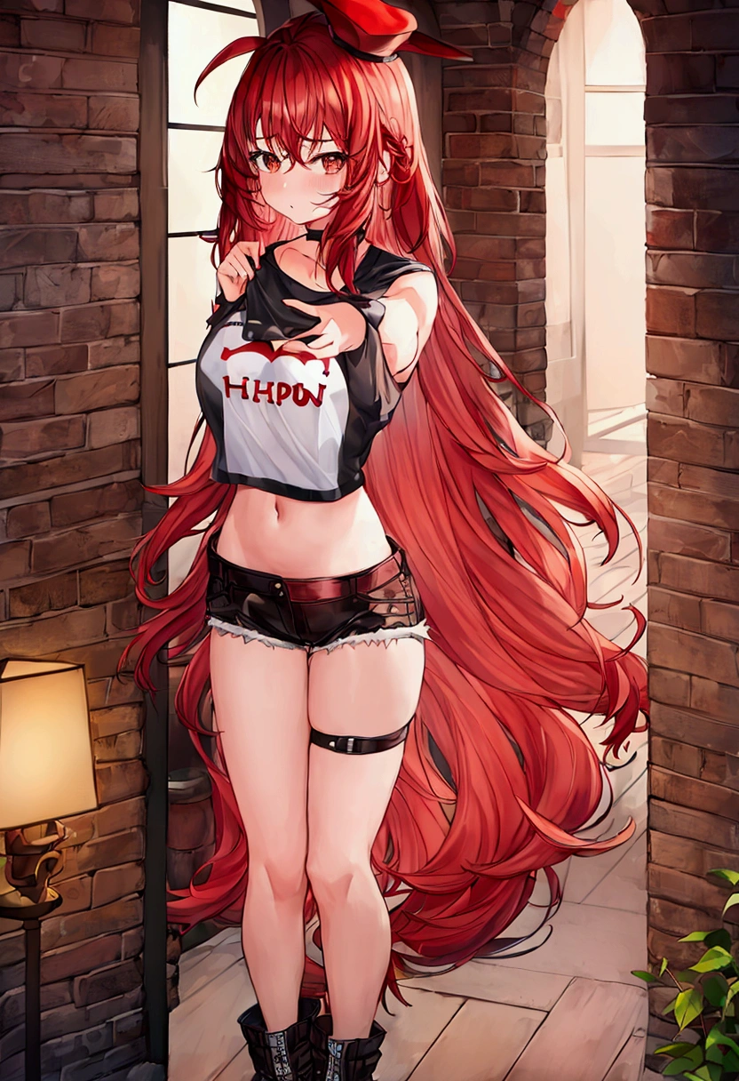 1 girl, short, redheadwear, very long and straight hair, big brown eyes, big-ass, smallbreast, wearing very short shorts and a shirt that reaches the chest with Harl written on it.(best 4k quality, vivid colors)