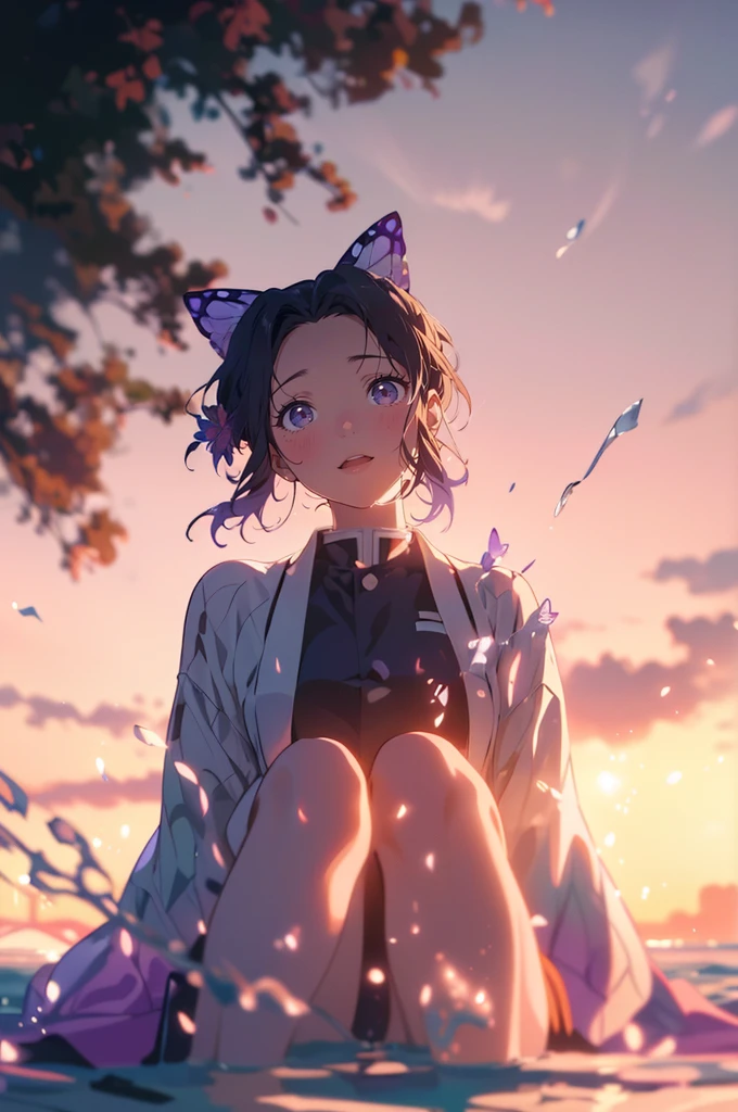 (masterpiece), (best quality), (ultra-detailed), (best illustration), (best shadow), (absurdres), Female, 25 years old, looking at viewer, steam, shy, nose blush, nsfw, medium breasts, nude, o-face, ??????, light smile, Kochou Shinobu, Forehead，Black shirt，Black pantsuit，haori，butterflys，obi strip, purple flower，mostly cloudy sky，rays of sunshine，Tyndall effect，Gradient_sky，the face，beautiful sky，Saber on the waist，captivating posture, （Off-the-shoulder attire:1.3),