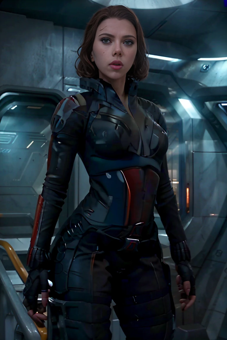 ((best quality)), ((masterpiece)), ((Scarlett Johansson)) (detailed), perfect face, playful 20 year old woman, Sensual pose. Inside a spaceship, wearing highly detailed futuristic skimpy mass effect armor, grandes senos, cintura pequeña, grandes caderas, desnuda.