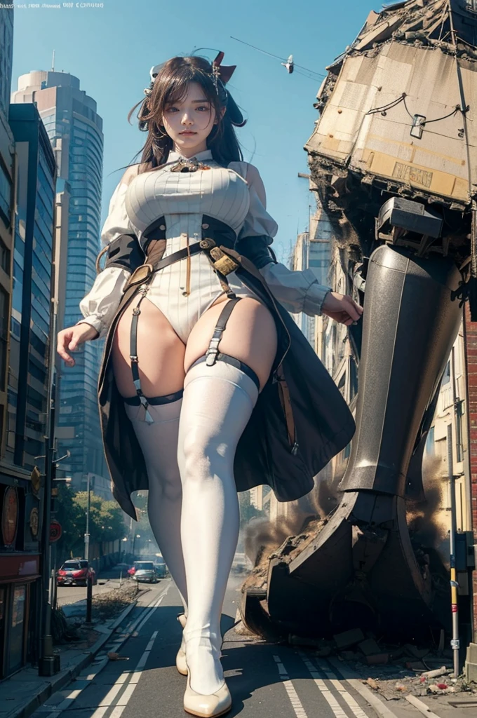 Miniature city、looking at the camera、steampunk、Standing on top of a ruined building、Big building explosion、The building collapses、Urban hustle and bustle、Traffic jam、City of Rubble、street tree、Car and bus、truck、taxi、City boulevard、Pedestrian bridge、Streetcar route((((Azur Lane Cheshire Cosplay))))、Frilled maid outfit、((Super huge breasts))、((Plump thighs))、Ground View,City of Giants,500 foot tall giant girl,skyscraper,Has super long legs,Step into the crowd,There are many people on the street,Knee-high socks,A happy look,Standing on the ruins,Beautiful appearance,Exquisite makeup,quality,8K,高quality,Perfect Proportions, Cinema Lighting,Film Grain,The Colors of Fuji,8K,Textured skin,Super Detail,High detail,high quality,High resolution,explode,False Smile、Reaching out