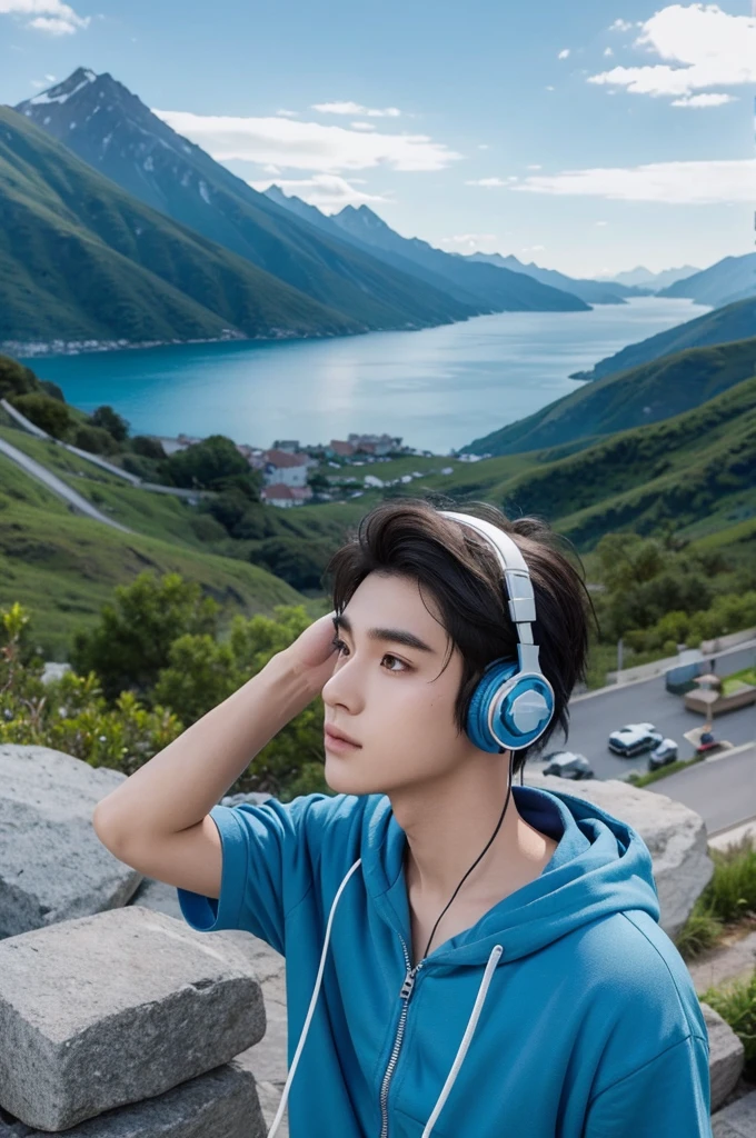 Boy with headphones，Hair blue，Looking at the mountains and sea in the distance，romantic