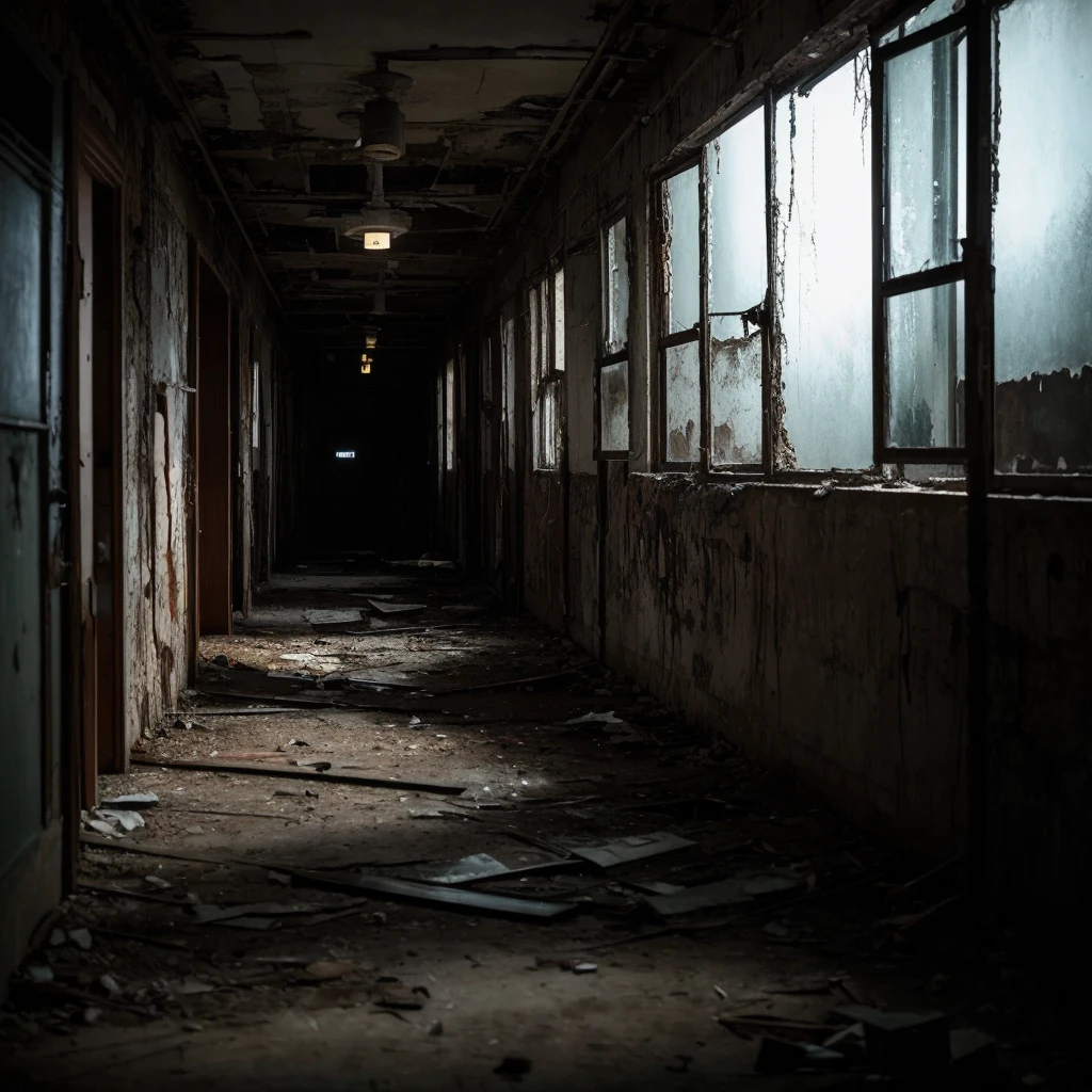 The image shows、Describe the interior of an abandoned psychiatric hospital.。There is a dark and gloomy atmosphere.、Damaged walls and ceilings expose rotting wood and pipes.。In the dimly lit hallway、Old wheelchairs and rusty bed frames are scattered around.、On the walls you can see incomprehensible graffiti and handprints left by former patients.。The window is cracked、A faint moonlight shines in from outside.。In the distance、A vague figure appears to be standing there.、Its appearance is eerie and elusive。Overall、Give it a dark, gothic feel that evokes fear and anxiety。