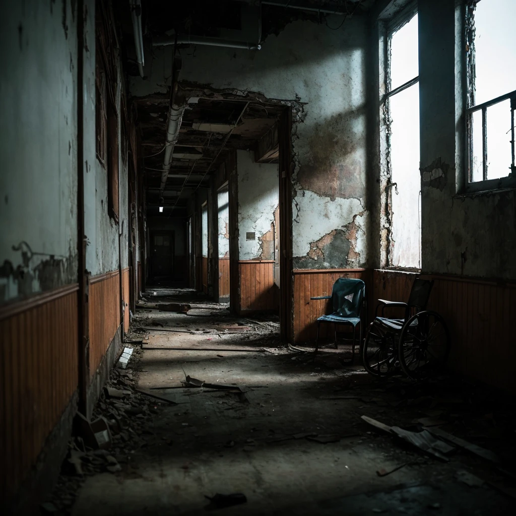 The image shows、Describe the interior of an abandoned psychiatric hospital.。There is a dark and gloomy atmosphere.、Damaged walls and ceilings expose rotting wood and pipes.。In the dimly lit hallway、Old wheelchairs and rusty bed frames are scattered around.、On the walls you can see incomprehensible graffiti and handprints left by former patients.。The window is cracked、A faint moonlight shines in from outside.。In the distance、A vague figure appears to be standing there.、Its appearance is eerie and elusive。Overall、Give it a dark, gothic feel that evokes fear and anxiety。