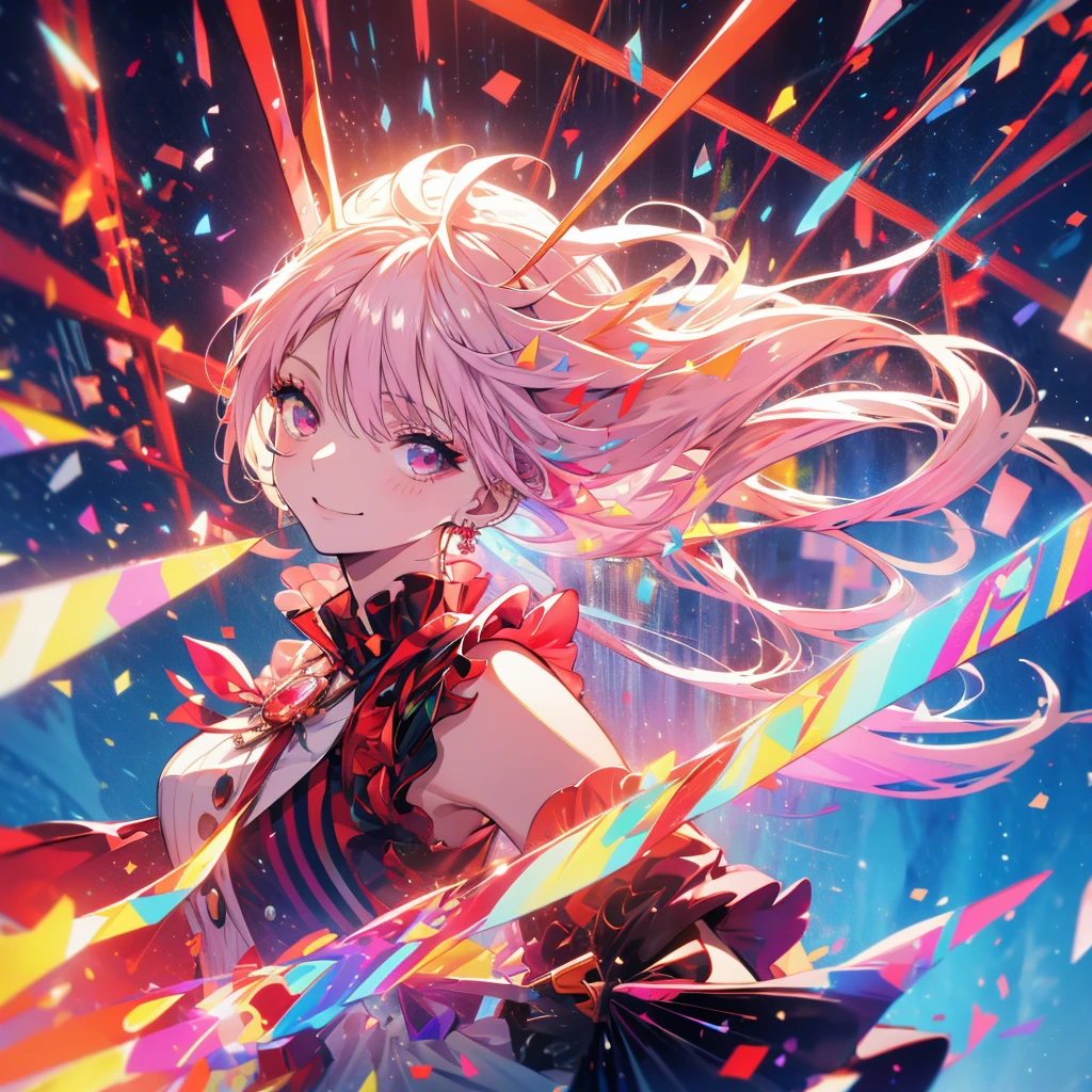 Red and white hair　Idol Floating notes in the sky　pendant　Shiny earrings　Flowing hair　Live stage　Bathed in light　Open your mouth　smile　Hold the microphone　Shining Aura　Shining　Crystal Eyes　Confetti　Particles of light