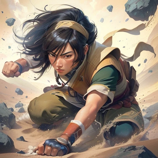 a painting of a man with a fist in the sand, Toph bei fong, atla, portrait of avatar Korra, avatar image, Steven Artgerm Lau, artgerm and atey ghailan, avatar the last airbender, stanley artgerm lau, artgerm greg rutkowski _ greg, legend of korra