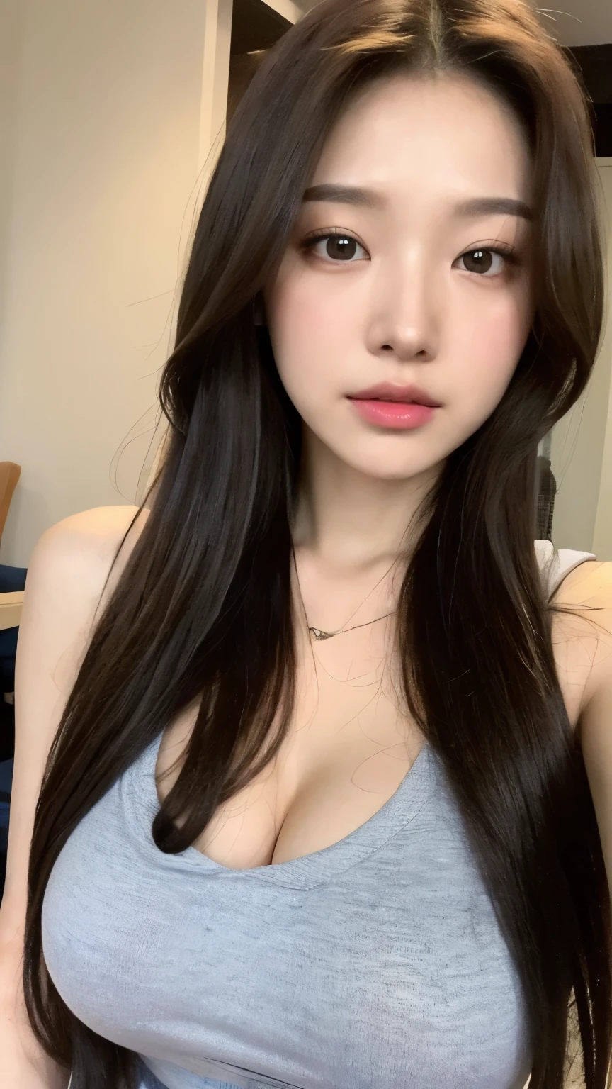 (lifelike, high - resolution:1.3), 1 girl with a perfect body, Super fine face and eyes,slong hair, Tank top of random colors:1.hort jeans, oversized hoodie , big boob,Expose cleavage