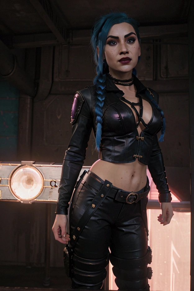 cinematic still image, Jinx League of Legends, dynamic pose, detailed face, bright blue hair, smirking expression, red lips, light blue contact lenses, heavy eye shadow, thick eyeliner, prominent blush, black leather suit, braided belts, metal accents, rivets, armoured plates, shotgun, detailed wooden warehouse, metal decorations, black backpack, red cord, chaotic background neon pink-purple tones, action shot, bright lighting