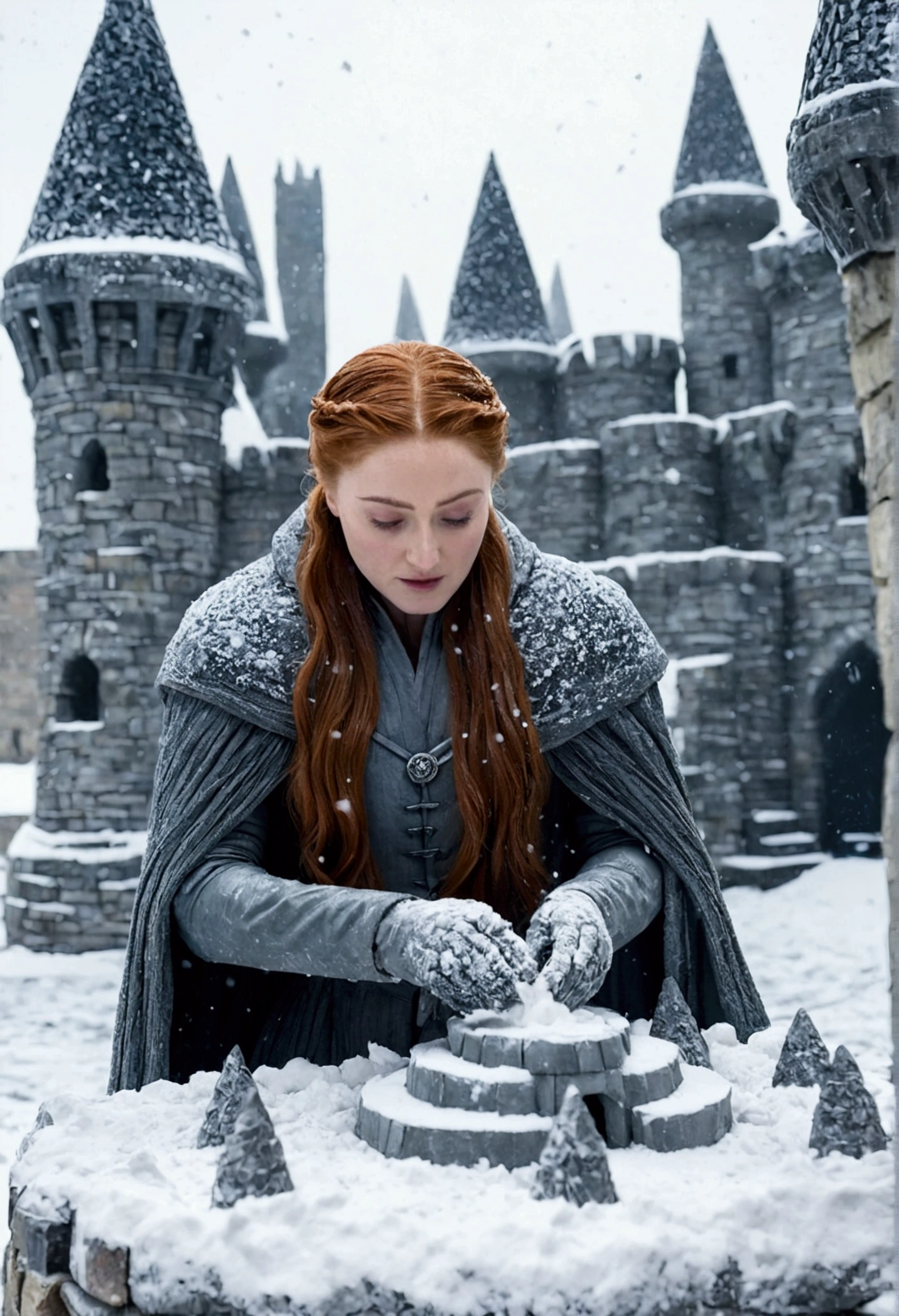 Sansa Stark making a snow-castle while it is snowing