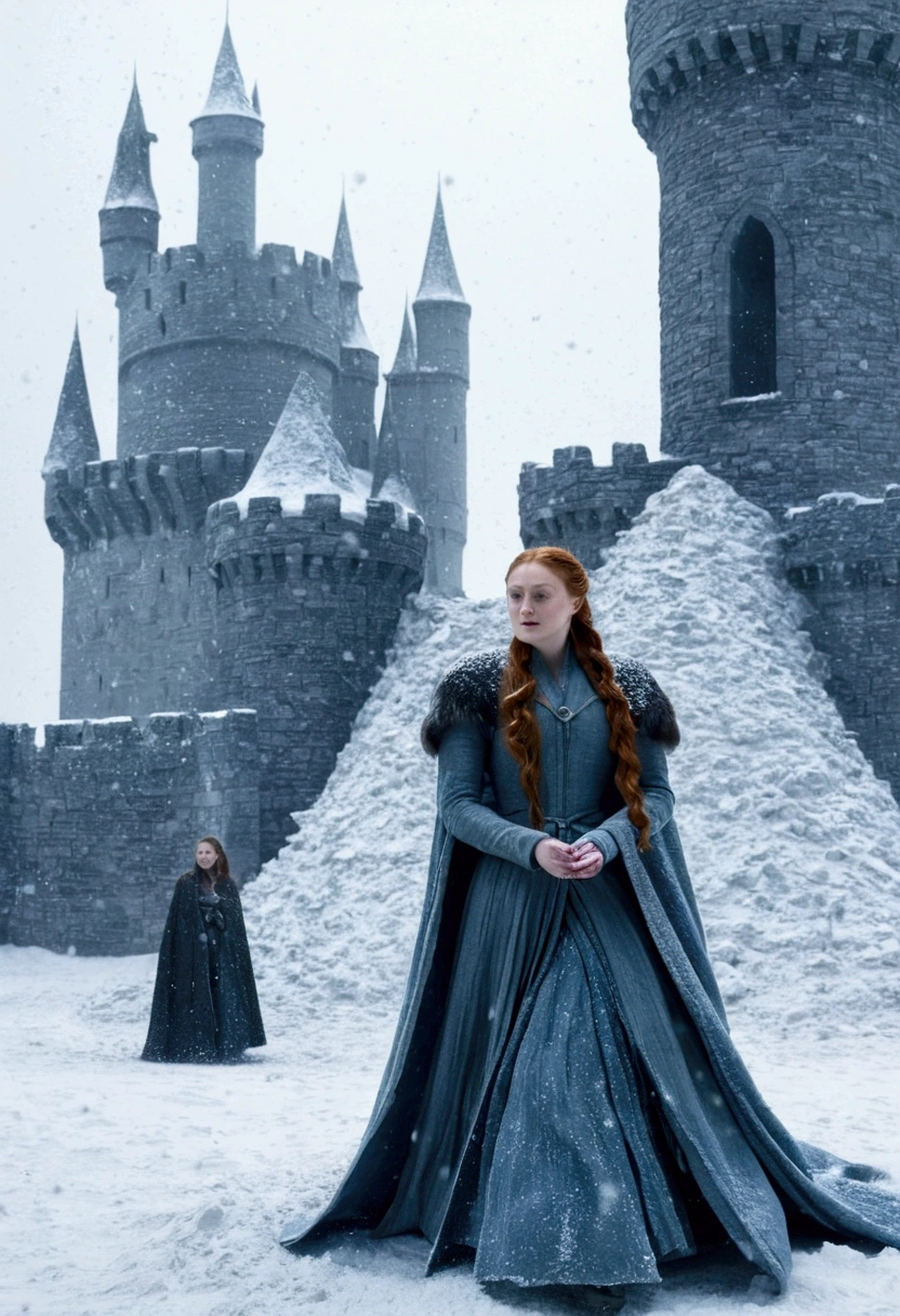 Sansa Stark making a snow-castle while it is snowing