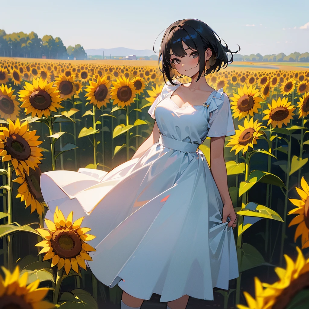 (high quality, High resolution, Very detailed, reality:1.37), Peaceful atmosphere, (Sunflower field), Teenage girl standing alone, (my breasts are big.), Beautiful details, Cute Smile, (Black bob hair), White camisole dress, White socks, loafers.