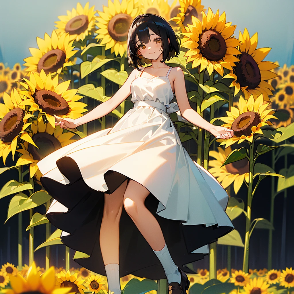 (high quality, High resolution, Very detailed, reality:1.37), Peaceful atmosphere, (Sunflower field), Teenage girl standing alone, (my breasts are big.), Beautiful details, Cute Smile, (Black bob hair), White camisole dress, White socks, loafers.