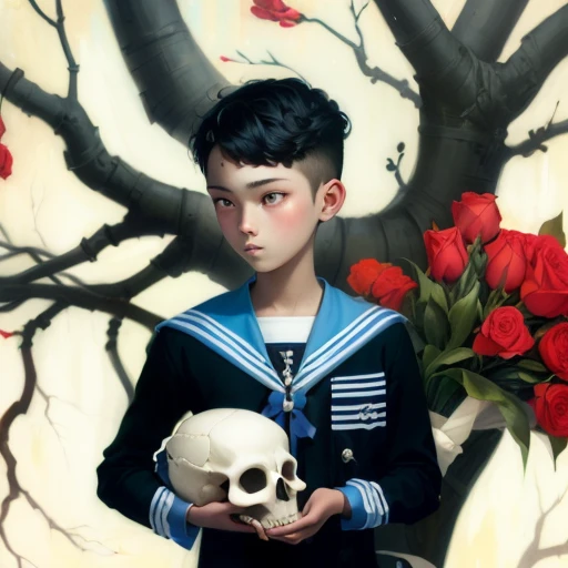 painting of a boy holding a skull and a bouquet of flowers, benjamin lacombe, anton semenov, earley, lowbrow pop surrealism, james jean andrei riabovitchev, chie yoshii, natalie shau tom bagshaw, darius zawadzki and tom bagshaw, holding a skull, emotional surrealist art, casey weldon
