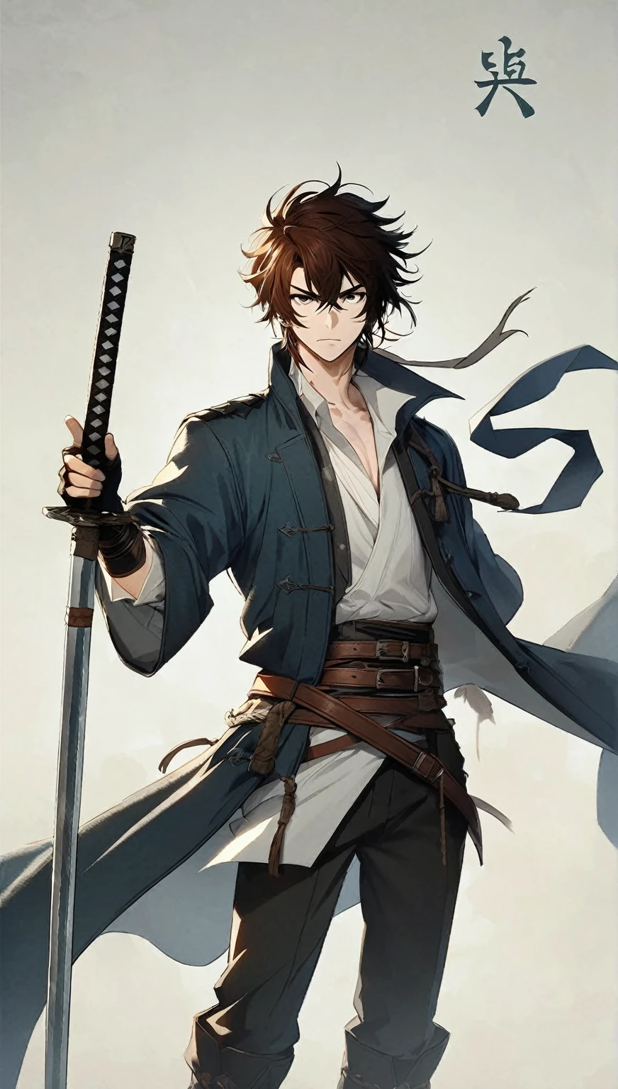 A young, confident swordsman with tousled brown hair and Western eyes, dressed in a blue coat and white shirt, standing with a katana in hand. His attire includes leather belts and straps, and he has a determined expression. The background is minimalistic with a faint symbol on the top right. The swordsman appears ready for battle, embodying a mix of Western and Eastern warrior aesthetics. Ensure that both hands of the character have five fingers each, with highly detailed and well-defined hands. The hand holding the katana should show knuckles, veins, and natural hand posture, while the other hand should be closed into a fist, equally detailed.