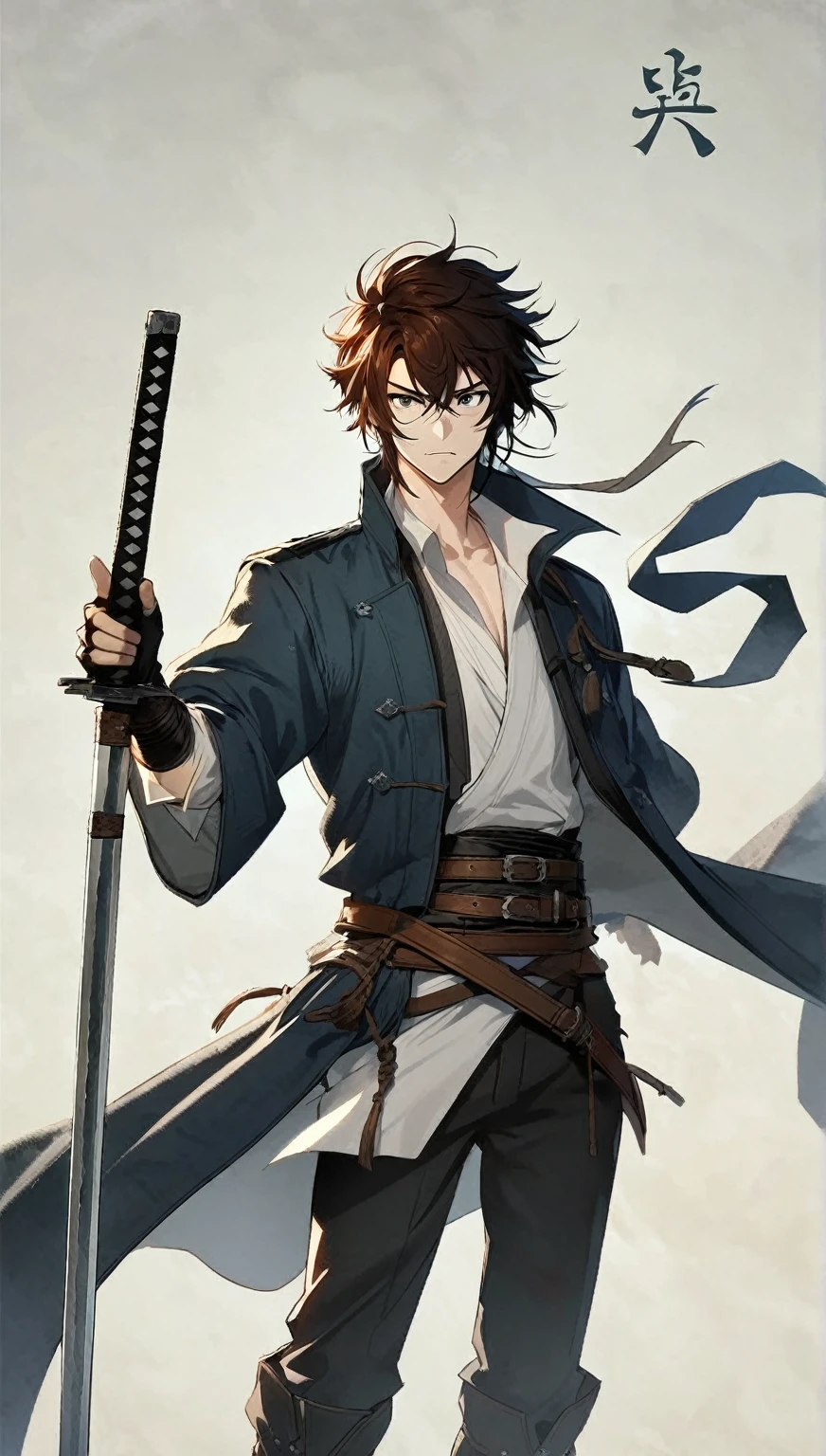 A young, confident swordsman with tousled brown hair and Western eyes, dressed in a blue coat and white shirt, standing with a katana in hand. His attire includes leather belts and straps, and he has a determined expression. The background is minimalistic with a faint symbol on the top right. The swordsman appears ready for battle, embodying a mix of Western and Eastern warrior aesthetics. Ensure that both hands of the character have five fingers each, with highly detailed and well-defined hands. The hand holding the katana should show knuckles, veins, and natural hand posture, while the other hand should be closed into a fist, equally detailed.