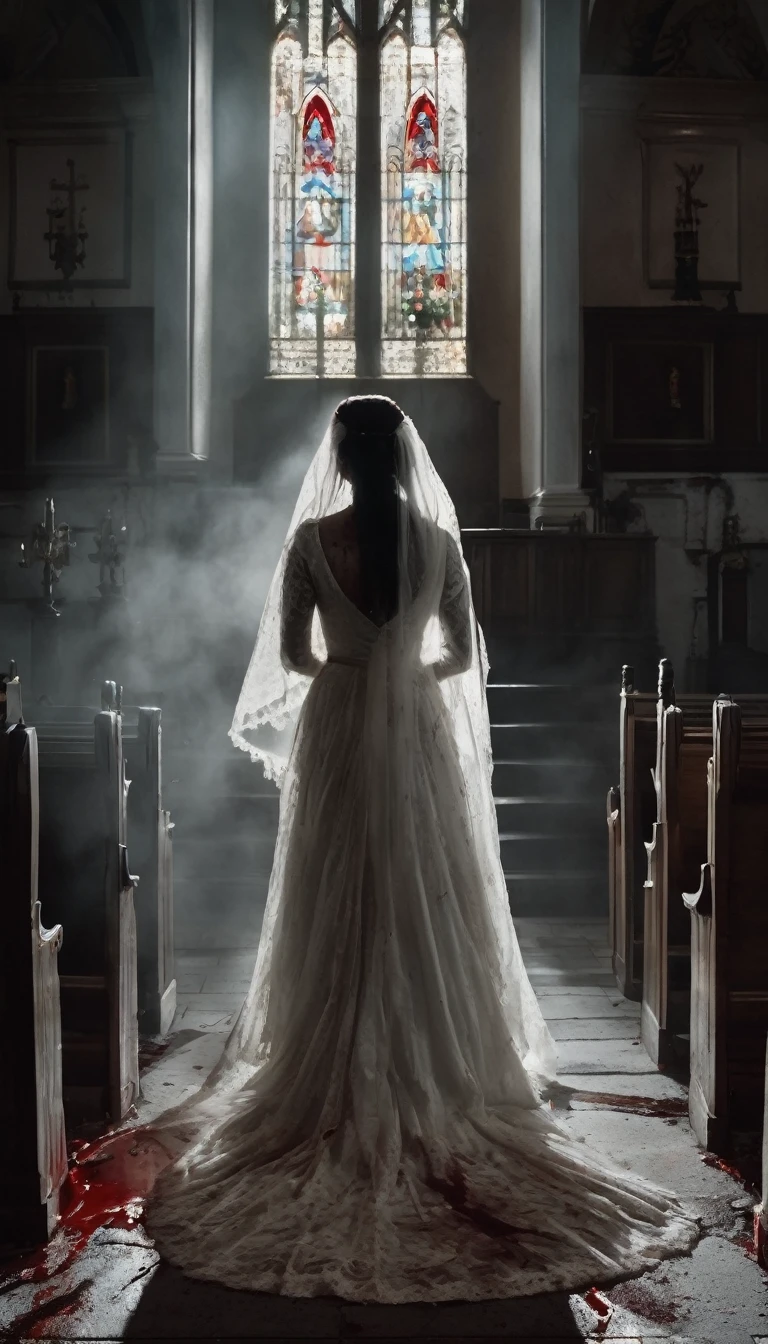 A ghost bride from the 60s with a bloody ax in her hands with her back looking back out of the corner of her eye in a church scene from a horror film, poster At night