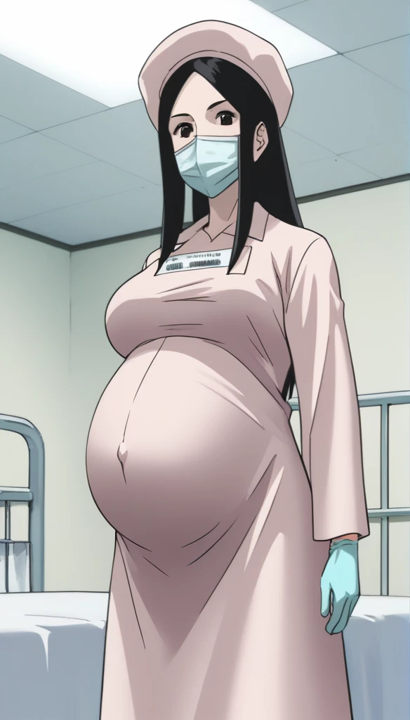 score_9, score_8_up, score_7_up, source_anime, raw image, masterpiece, highest quality, kasuganoray, pale skin, cunning eyes, long black hair, big breasts, scrubs, surgical mask, bouffant cap, long sleeve maternity dress, put on another long sleeved coat, seamless, navel head, the dress isn't wrinkled, long white stockings,
1girl, pregnant, solo, long rubber gloves, looking down, look at viewer, furrowed brow, hospital bed, light shines from the ceiling, standing, patient room background, she is inquiring about the patient's condition