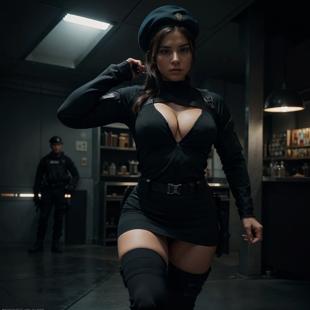 A mesmerizing Hollywood-style action poster featuring a beautiful young woman with generous curves, dressed in black tactical clothing and a short skirt. She wears a black beret and an Argentine insignia, exuding confidence and strength. The scene is set in a dimly lit, blue-toned environment, with the character in the foreground and a sense of urgency in the background. The high-resolution 8K image captures the hyperrealism and cinematic essence of the scene, making it a captivating and memorable visual., cinematic, poster