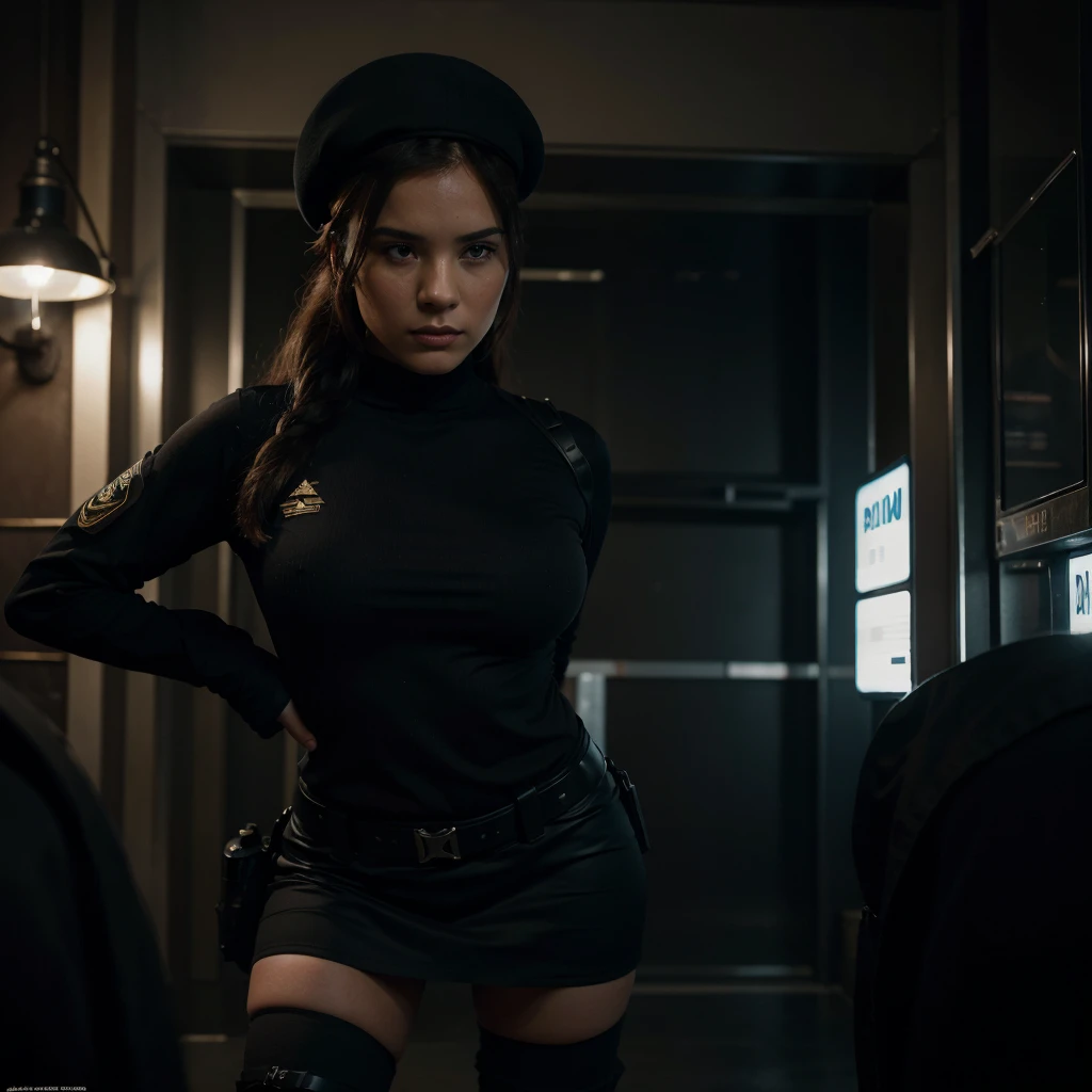 A mesmerizing Hollywood-style action poster featuring a beautiful young woman with generous curves, dressed in black tactical clothing and a short skirt. She wears a black beret and an Argentine insignia, exuding confidence and strength. The scene is set in a dimly lit, blue-toned environment, with the character in the foreground and a sense of urgency in the background. The high-resolution 8K image captures the hyperrealism and cinematic essence of the scene, making it a captivating and memorable visual., cinematic, poster