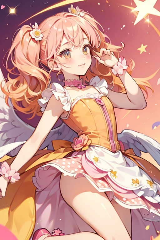 Tulip has soft pink skin with a yellow-orange left arm and right leg. Her cheeks are a gentle-rosy shade of pink while her hair is pink on the right side and orange-red on the left with peach-blonde spots. Her hair is worn in low pigtails while her bangs are curved with a single lock that hangs loosely. Her antennae curl inward, the right being bright orange and the left dark pink. Her translucent wings are pink and gold.
Tulip wears a hot pink dress with tiny orange polka dots printed all over it and a golden tutu skirt.
Tulip comes in a bright orange peanut with a pink heart sewn onto the corner and matching colored curly stem on top. The zipper is bright, pastel pink. SPARKLE; GLITTER