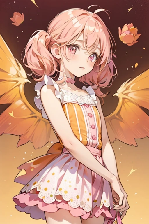 Tulip has soft pink skin with a yellow-orange left arm and right leg. Her cheeks are a gentle-rosy shade of pink while her hair is pink on the right side and orange-red on the left with peach-blonde spots. Her hair is worn in low pigtails while her bangs are curved with a single lock that hangs loosely. Her antennae curl inward, the right being bright orange and the left dark pink. Her translucent wings are pink and gold.
Tulip wears a hot pink dress with tiny orange polka dots printed all over it and a golden tutu skirt.
Tulip comes in a bright orange peanut with a pink heart sewn onto the corner and matching colored curly stem on top. The zipper is bright, pastel pink. SPARKLE; GLITTER