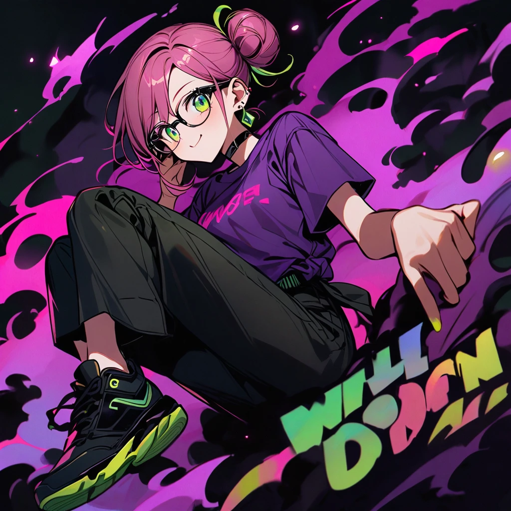 (well done: 1) one woman, dark pink hair with light green tips tied into two large double low buns, green eyes, earrings, glasses, black leather choker, purple t-shirt, dark green shorts, black sneakers