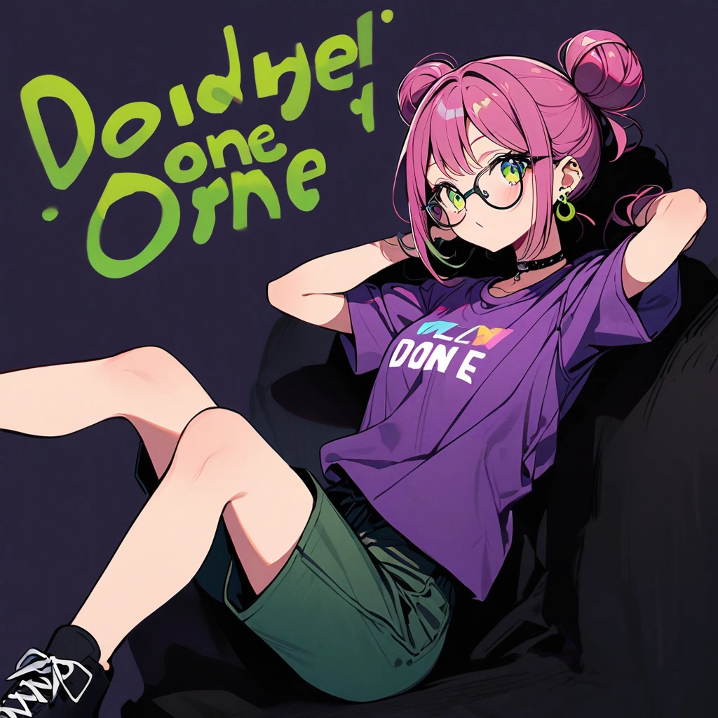 (well done: 1) one woman, dark pink hair with light green tips tied into two large double low buns, green eyes, earrings, glasses, black leather choker, purple t-shirt, dark green shorts, black sneakers